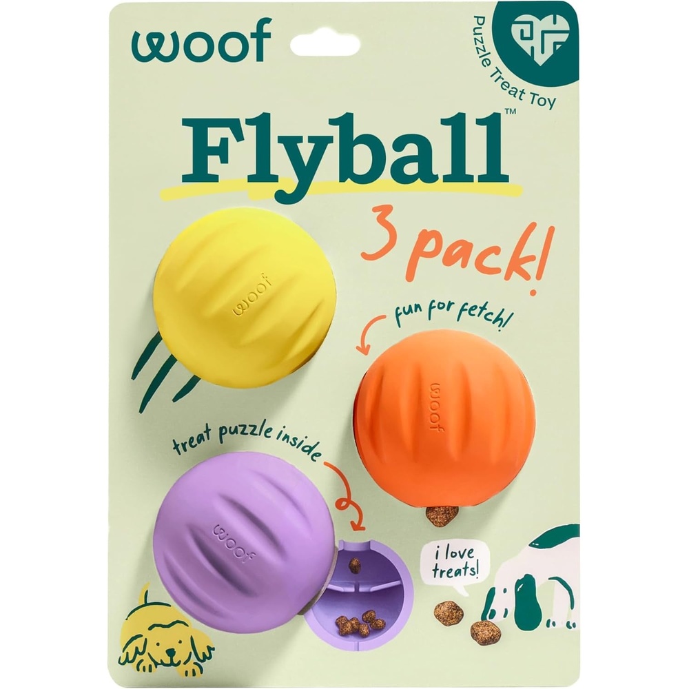 image:imageWOOF Flyball 2in1 Fetch Ball and Dog Treat Dispenser Toy Interactive Puzzle for Enrichment Fits Standard Ball Launchers Durable ToothFriendly Rubber The Perfect Dog Gift 3 Pack3PK Lavender Orange Yellow