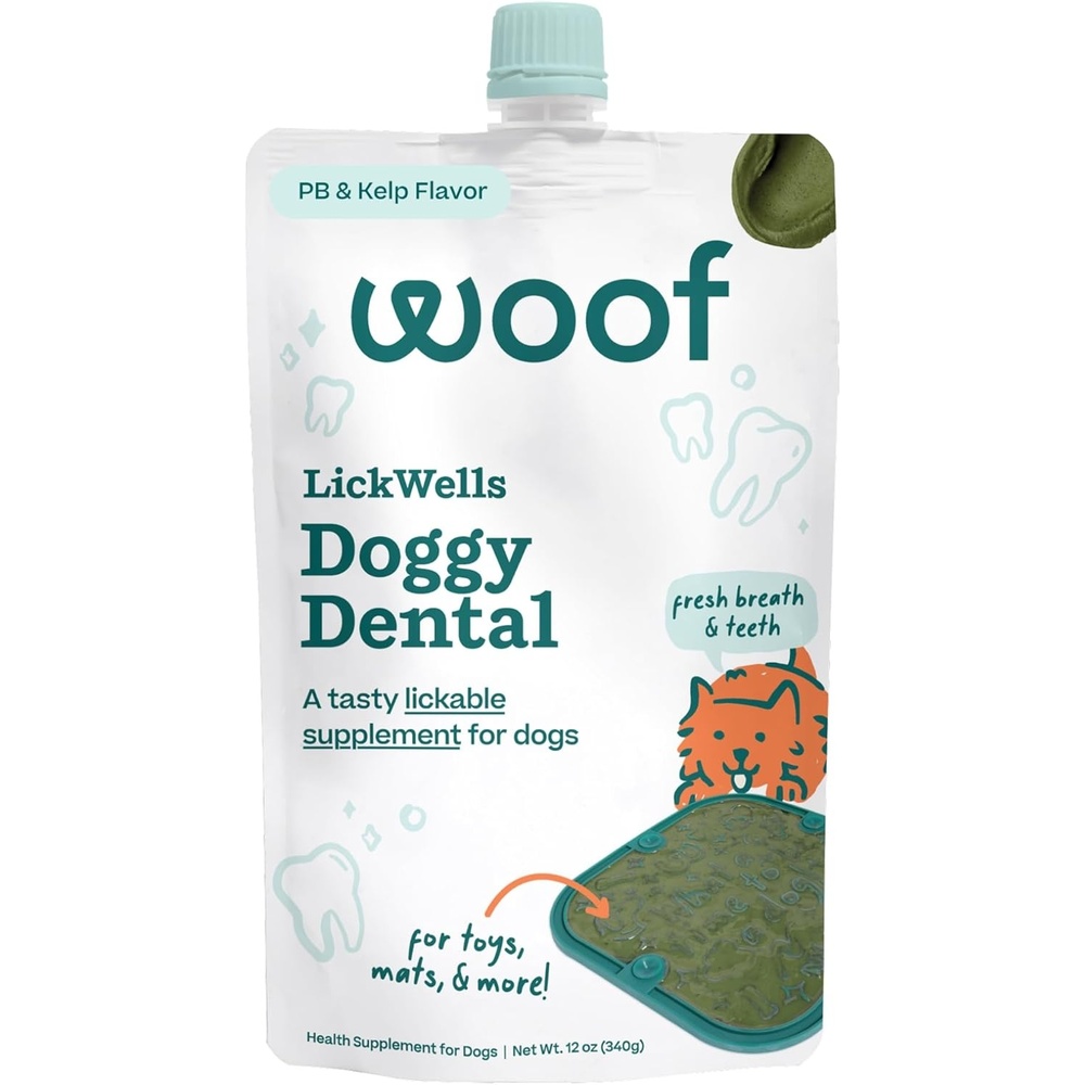 image:imageWOOF LickWells Doggy Dental Teeth Cleaning Supplement and Breath Freshener for The FlipMat and LickMat Postbiotic Squeezable Dog Treats to Support Oral Health for Dogs 12 oz PB amp Kelp Flavor