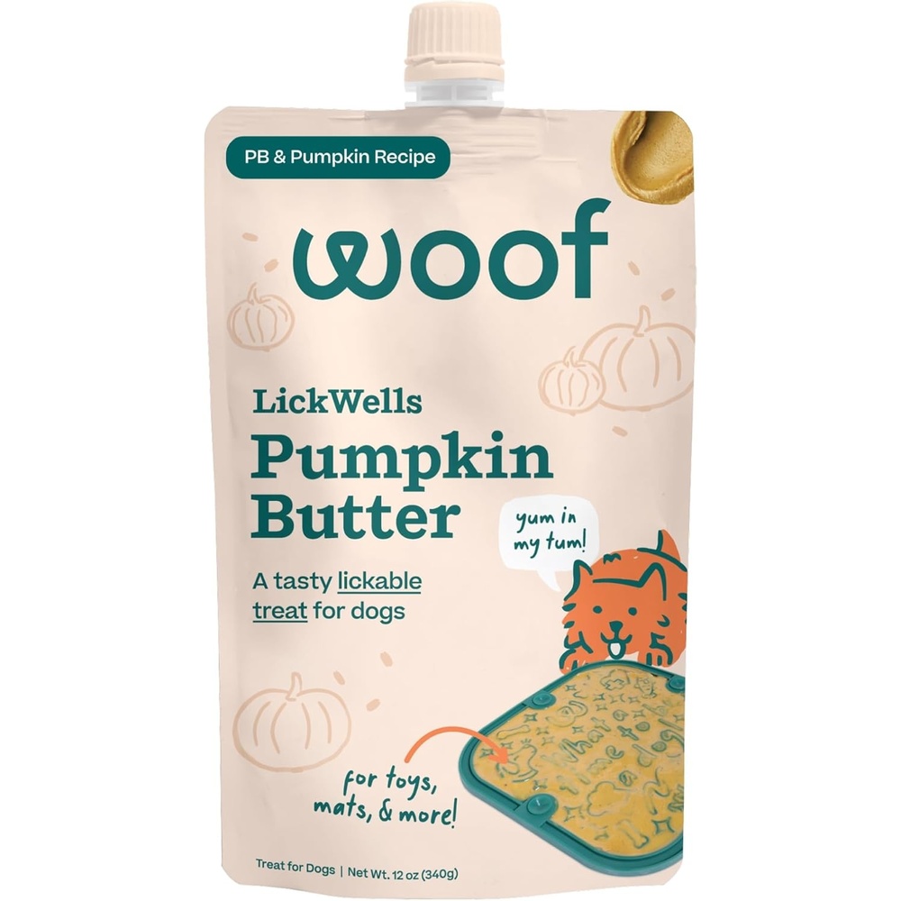 image:imageWoof LickWells Pumpkin Butter Dog Lick Mat Spread and Meal Topper for the FlipMat and LickMat Made with Prebiotics and Superfoods for Digestion and Enrichment 12 oz PB amp Pumpkin Flavor
