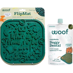 image:imageWOOF FlipMat EasytoClean Lick Mat for Dogs l Slow Feeder Mat with DoubleSidedNonSlip Design  LickWells Doggy Dental  Teeth Cleaning Supplement and Breath Freshener for The FlipMat