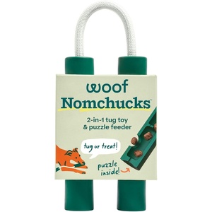 image:imageWOOF Nomchucks  Dual Puzzle Feeder Enrichment Dog Toy and Tug Toy with 3 Interactive Zones  Designed with LongLasting Nylon Rope and Natural Rubber  Pairs Puzzle Treats